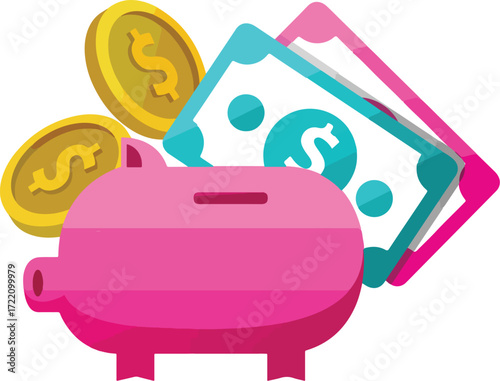 Pink piggy bank with gold coins and dollar bills