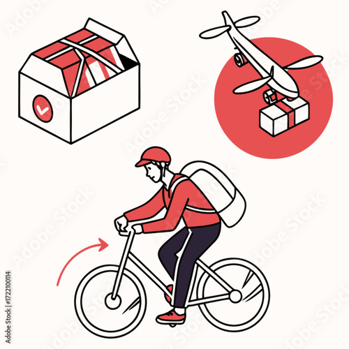 Modern line art icons for delivery services featuring a bicycle courier cargo airplane and a sealed package.
