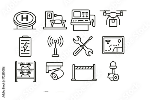 Vector drone signal indicator icons lights icon control surveillance antenna landing hub