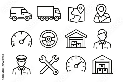 Tools delivery steering signals warehouse icons management gauge van fleet map vector