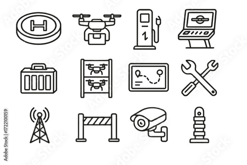 Futuristic vector icon pad display rack camera control drone route signal
