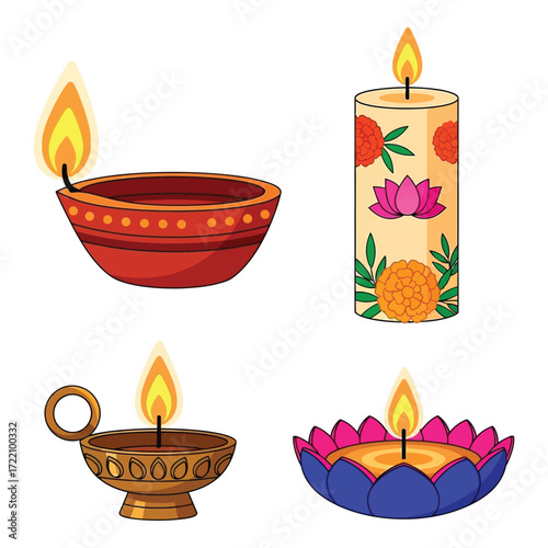 Four decorative lit candles and oil lamps for festive celebrations and illuminations