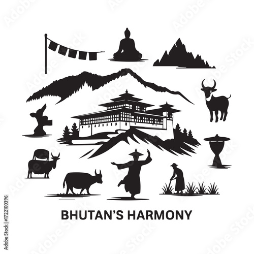 Bhutanese cultural symbols and landscapes showcasing harmony and tradition in silhouette against a white background