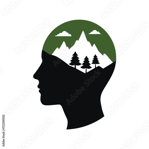 Mountain and Forest Landscape Inside a Human Head Silhouette  Mindful Nature and Mental Wellness Concept