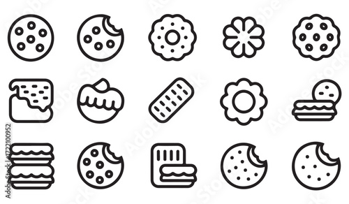 Biscuit and cookie line art collection, black outline snack illustrations for bakery and sweet food design