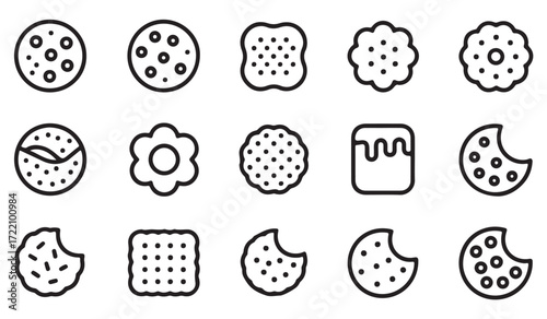 Vector dessert icon set, cookies, biscuits, and crackers in simple line drawings for confectionery themes