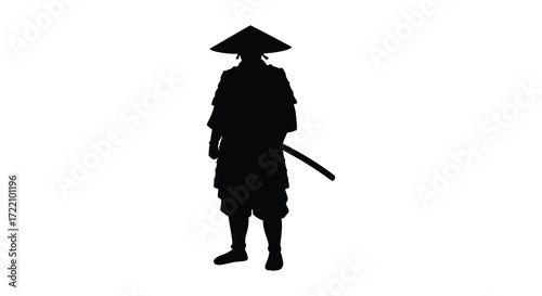 Silhouette of a samurai warrior standing with a katana and conical hat