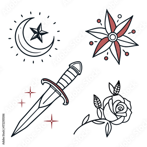 Classic traditional tattoo flash art set featuring a dagger rose crescent moon and star.