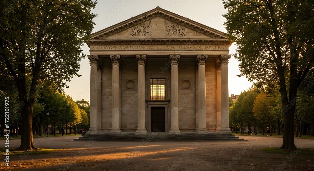 Obraz premium historic stone temple with tall columns and warm sunset light
