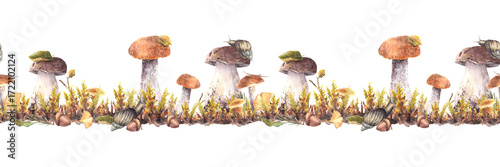 Snail on cap of porcini and boletus mushroom with forest moos seamless border. Watercolor nature scene with slug and autumn leaves. Watercolor hand drawn illustration on isolated white background