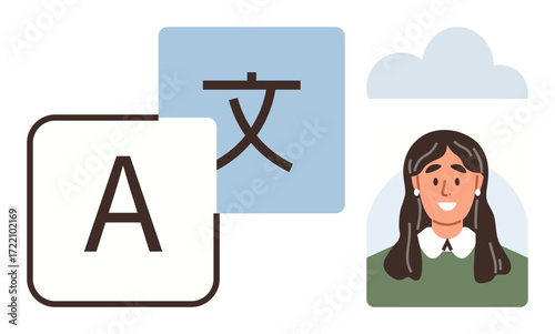 Letters, language symbol, cloud, and person evoke communication, technology, and learning. Ideal for translation, education diversity digital tools global reach AI modern communication. Simple