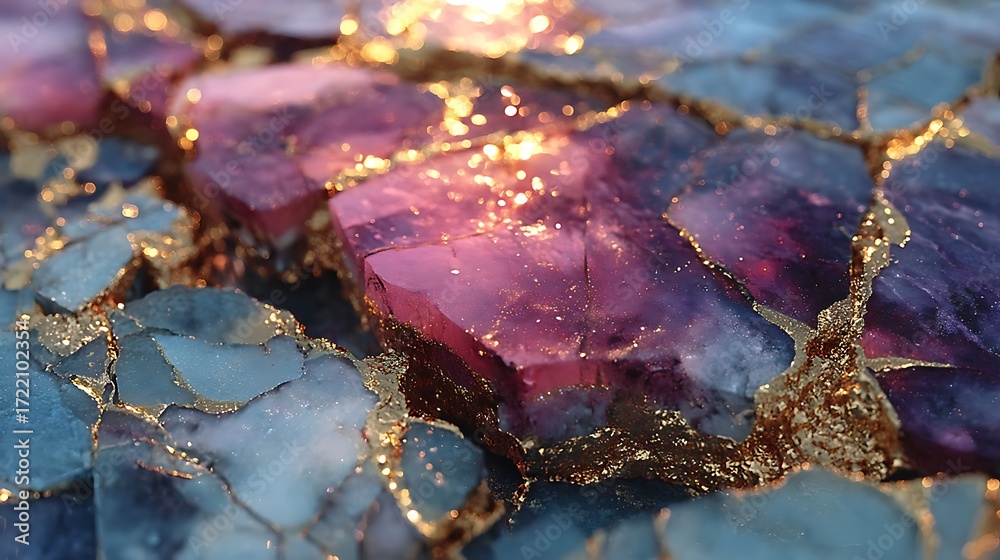Fototapeta premium Glowing pink crystals cracked in gold edged fragments high resolution picture