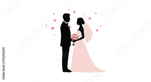 Silhouetted wedding couple embracing surrounded by floating pink hearts