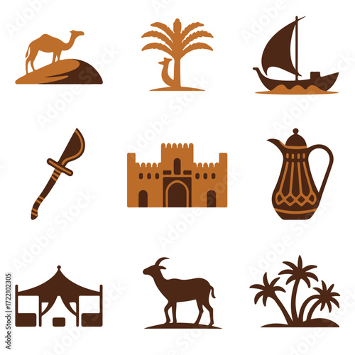 Collection of nine distinct flat design icons representing middle eastern cultural symbols and desert life elements