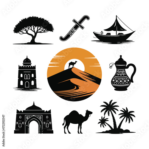 Collection of silhouette icons representing middle eastern culture desert landscape and traditional symbols
