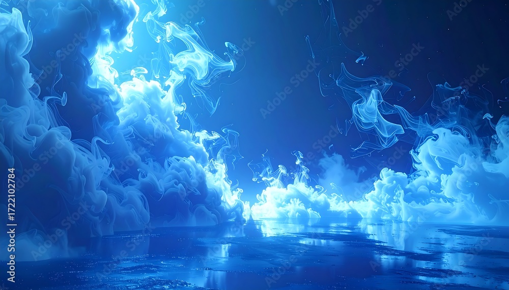 Fototapeta premium A stunning digital artwork with swirling blue and white ethereal cloud formations, resembling smoke or mist, over reflective water surface. Beautiful ambient light illuminates this abstract fantasy