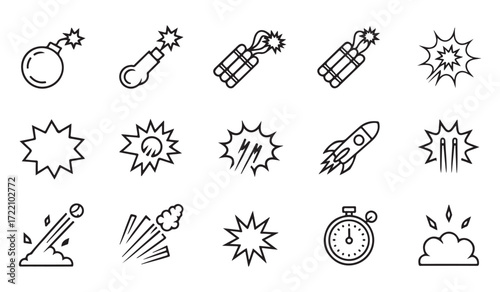 Bomb and explosion vector icons in minimalist line art style for comics, games, and action themes