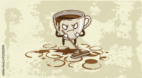 Angry coffee cup sweeping up spilled coffee rings with a broom on textured paper