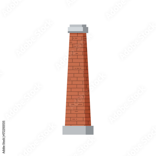 Traditional red brick chimney smokestack, an essential building structure element for heating and industrial purposes, isolated on white background.