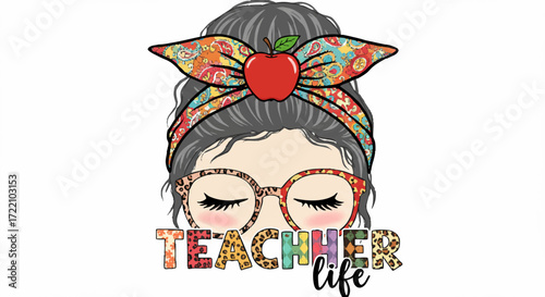 Teacher life design featuring messy bun and apple for back to school season fun