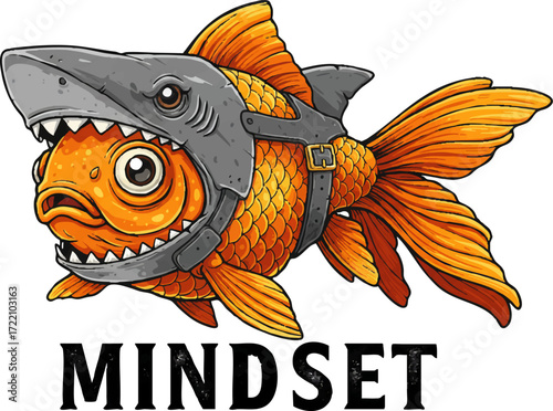 Goldfish wearing a shark costume symbolizing ambition and overcoming challenges
