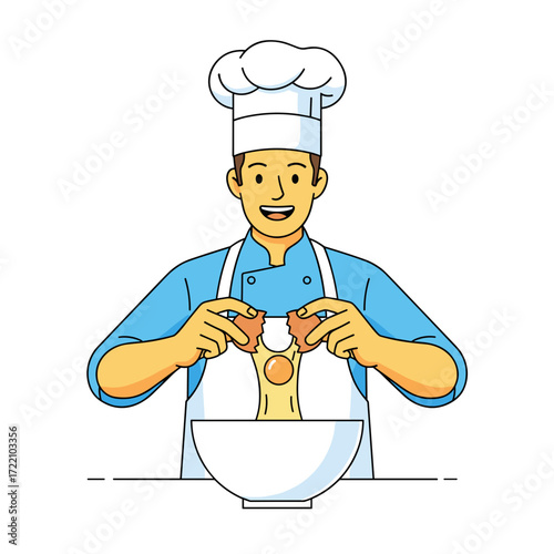 Chef cracking eggs into bowl while smiling in kitchen setting  