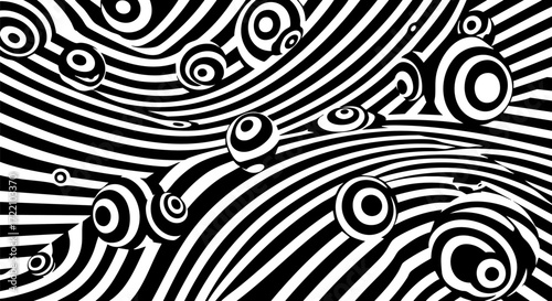 Abstract black and white striped spheres and wavy lines creating optical illusion