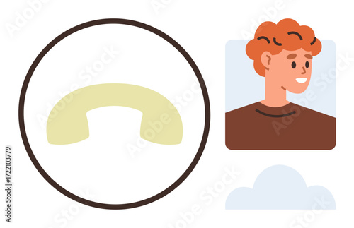 Smiling red-haired person profile in a framed square next to a telephone handset graphic and cloud. Ideal for communication, online contact, social media, customer service, networking, user profiles