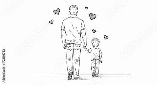 Father and son walking together hand in hand with hearts in a loving illustration