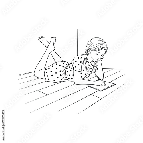 Girl in polka dot dress writing in notebook lying on wooden floor black and white line art illustration