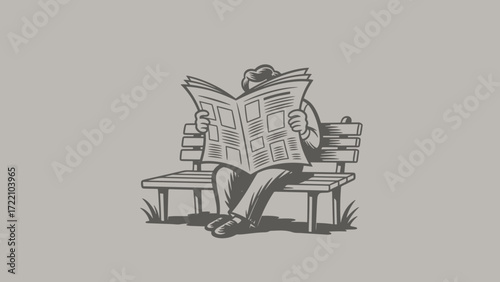 A monochrome illustration of a person sitting on a park bench, completely absorbed in reading a large newspaper.