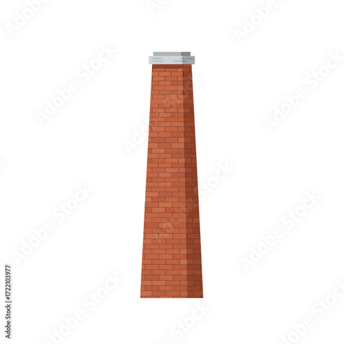 Tall red brick industrial chimney with a grey cap, tapering upwards against a white background, representing old factory architecture.