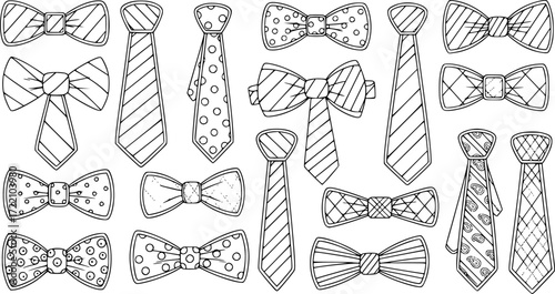 set of tie line art, black outline, vector and illustration, coloring book page line art drawing
