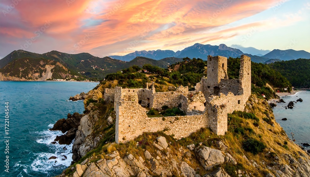 Obraz premium Coastal ruins at sunset