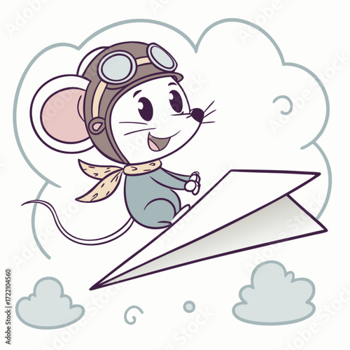 Cute Mouse Pilot Soaring on a Paper Airplane.
