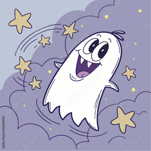 Playful cartoon ghost with wide eyes open mouth and sharp fangs happily floating.