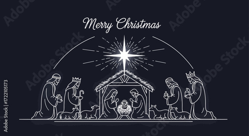 Nativity scene illustration featuring Mary, Joseph, baby Jesus, three wise men, and sheep under a bright star, with "Merry Christmas" text.