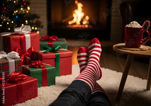 Cozy christmas scene with fireplace presents and festive socks for holiday cheer
