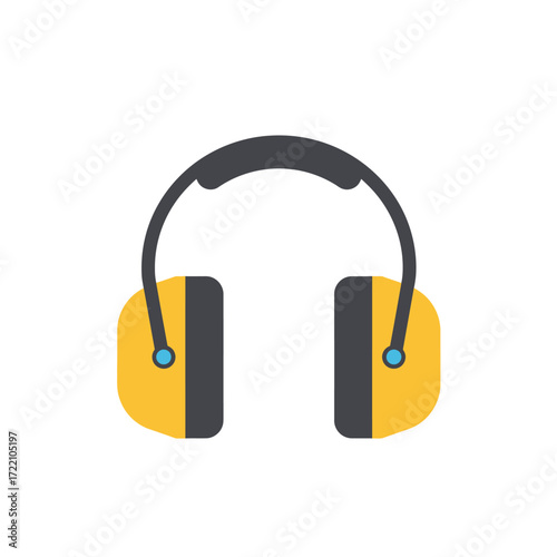 Industrial hearing protection earmuffs, essential personal protective equipment for workplace safety against loud noise, flat vector illustration.