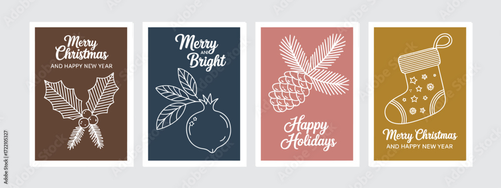 Naklejka premium Merry Christmas Cards Set Featuring Hand-Drawn Elements, Doodles and Sketches Vector Christmas Illustrations, Perfect for Holiday Greetings, Seasonal Invitations, and Festive Design Projects, DIN A67 