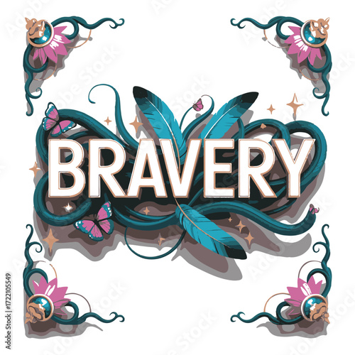The word bravery creatively displayed with vibrant teal wings and floral accents on a white background