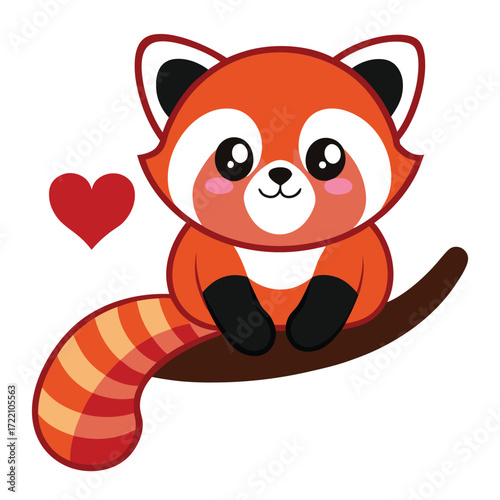 Cute kawaii red panda sitting on a branch with a heart isolated on White background