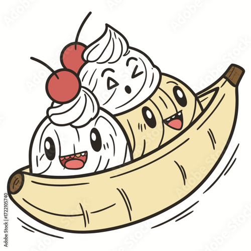 Cute cartoon banana split with happy anthropomorphic ice cream scoops winking whipped cream and cherries.