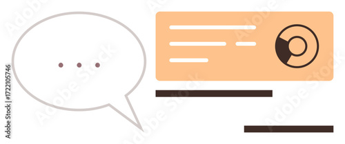 Speech bubble with ellipses next to text block featuring pie chart. Ideal for communication, discussion, data sharing, teamwork, analytics, social media, and presentations. Simple flat metaphor