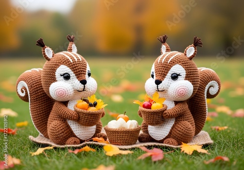Crochet squirrels picnic on the grass with autumn leaves and a basket of treats