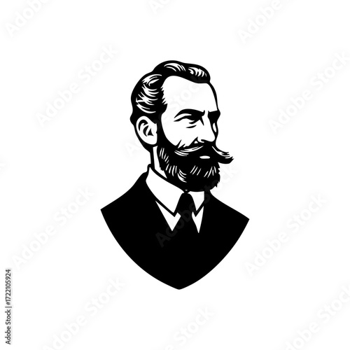 Elegant bearded gentleman in suit, expressing vintage masculinity, grooming, and premium barbershop style.
