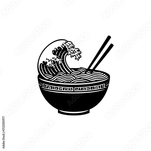 Stylized ramen bowl with crashing wave and chopsticks, blending Japanese cuisine with art for unique dining brand identity.
