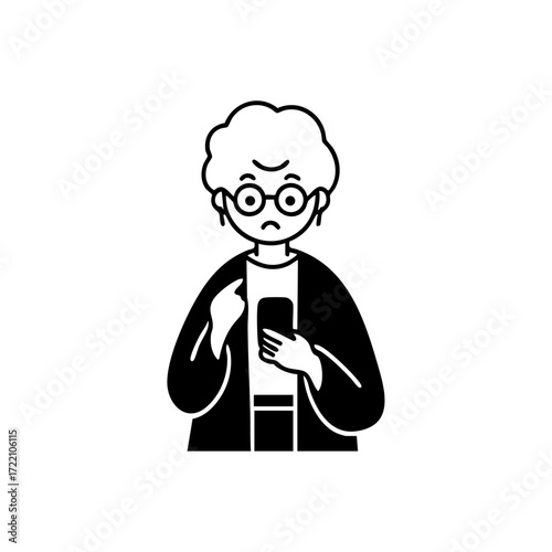 Elderly woman with glasses holding smartphone, looking worried and uncertain about digital use.