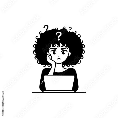 Young woman with curly hair confused at laptop, representing online learning struggles, remote work frustration, or difficulty understanding digital tasks.
