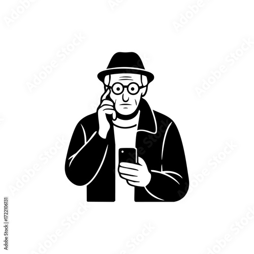 Elderly man in hat holding smartphone, looking confused while on a call, symbolizing tech challenges.